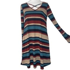 Goldspark MulticolorStriped V Neck Long Sleeve Swing Tunic Shirt Dress Pockets